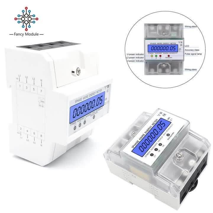DTM024 DIN RailMounted Energy Meter 3 Phase 4 Wires AC 220380V 580A Energy Consumption kWh LCD