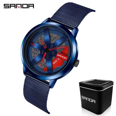 นาฬิกากันน้ำสำหรับผู้ชายนาฬิกาควอตซ์แบบนาฬิกาข้อมือดีไซน์ขอบล้อรถกันน้ำสายนาฬิกาแบบถัก3D แท้ P1075นาฬิกาควอตซ์แบบ360สำหรับผู้ชาย