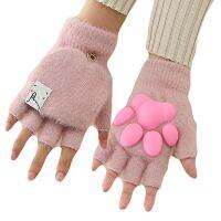 Kawaii Women 3D Cat Paw Gloves Fashion Girls Cat Claw Paw Knitted Mittens Warm Soft Short Fingerless Half Finger Winter Gloves