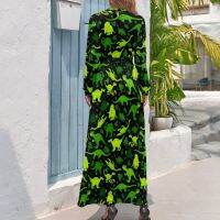 Tiny ไดโนเสาร์สีเขียวชุดแขนยาว Jungle Leaves พิมพ์ Maxi Dress สูงเอว Street Wear กราฟิกโบฮีเมียยาว Dresses