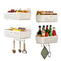 Wall Mounted Kitchen Storage Organizer Punch Free Seasoning Hanging Rack Bathroom Shower Shelf Drain Basket Sundries Container Bathroom Counter Storag