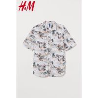 H&amp;m เสื้อเชิ้ต ผ้าฝ้าย 100% พิมพ์ลายมะพร้าว สีพาสเทล