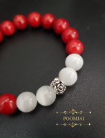 POOMJAI - กำไลหินปะการังสีแดง Red Coral และตาแมว ร้อยตัวคั่นกุหลาบ กำไลหินมงคล กำไลหินแท้ กำไลหินธรรมชาติ Lucky Stone ขนาด 10 มิล