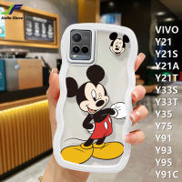 JieFie เคสโทรศัพท์การ์ตูน Mickey Mouse สำหรับ VIVO Y21 / Y21S / Y33S / Y21A / Y21T / Y33T / Y35 / Y75 / Y91C / Y91 / Y93/Y95แฟชั่นน่ารัก Minnie Mickey เคสคู่ฝ้าโปร่งแสง TPU นุ่มฝาครอบโทรศัพท์ขอบคลื่น