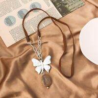 Amorcome Vintage 1980s Metal Butterfly Pendant Necklace for Women Ladies Natural Stone Chain Leather Necklaces Long Jewelry Gift