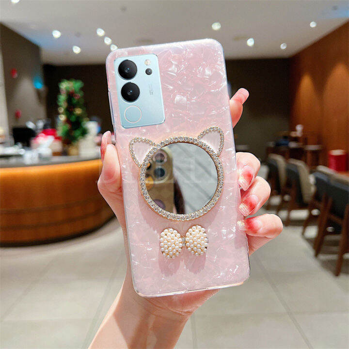 2023เคสใส่โทรศัพท์ใหม่สำหรับ-vivo-v29-5g-กากเพชรส่องแสงเป็นประกายวิบวับกระจกแต่งหน้าหูแมวน่ารักสีขาวน่ารักสีชมพูอ่อนเคส-vivo-v29โปร่งใสเคสกันกระแทกพิมพ์ลาย-vivov29-5g