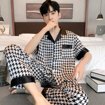 Design Houndstooth Pajama Men Ice Silk Pyjama Set Youth Home Wear Teenager Night Clothes Long Sleeve Suit Sleepwear-Set Male