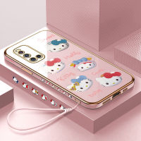 เคสเคสโทรศัพท์สำหรับ OPPO A59 OPPO F1S VIVO ฟรีสายคล้อง V19 + การ์ตูนลูกแมวน่ารักสำหรับเด็กผู้หญิงปลอกขอบสี่เหลี่ยมชุบเคสโทรศัพท์ชุบหรูหราเคสโทรศัพท์นิ่ม