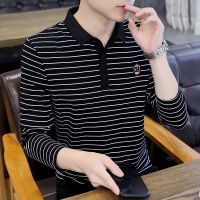 เสื้อโปโลคอปกแขนยาวสำหรับผู้ชาย,Kaus Polo Garis คอปกทรงหลวมบางใส่สบายฤดูใบไม้ร่วง