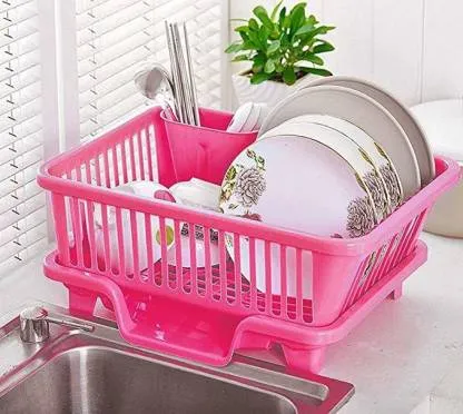  XHHOME Environmental PP Plastic Kitchen Sink Dish Drainer Set  Rack Washing Holder Basket Organizer Tray, Approx 17.5 x 9.5'' x 7'' (Pink)