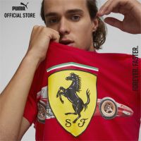 เสื้อยืดแขนสั้นคอกลมPUMA AUTO - เสื้อยืดผู้ชาย Scuderia Ferrari Shield สีแดง - APP - 53585102Cotton 100%  [S-5XL]