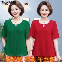 Mothers summer dress short-sleeved chiffon shirt covering meat and reducing age short solid color top summer clothes foreign style t-shirt middle-aged