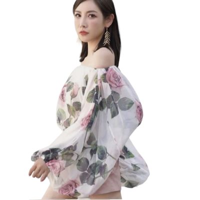 P006-027 PIMNADACLOSET - Off Shoulder Long Puff Sleeve Top Chiffon Floral Print Gorgeous Sweetie Shorts Set