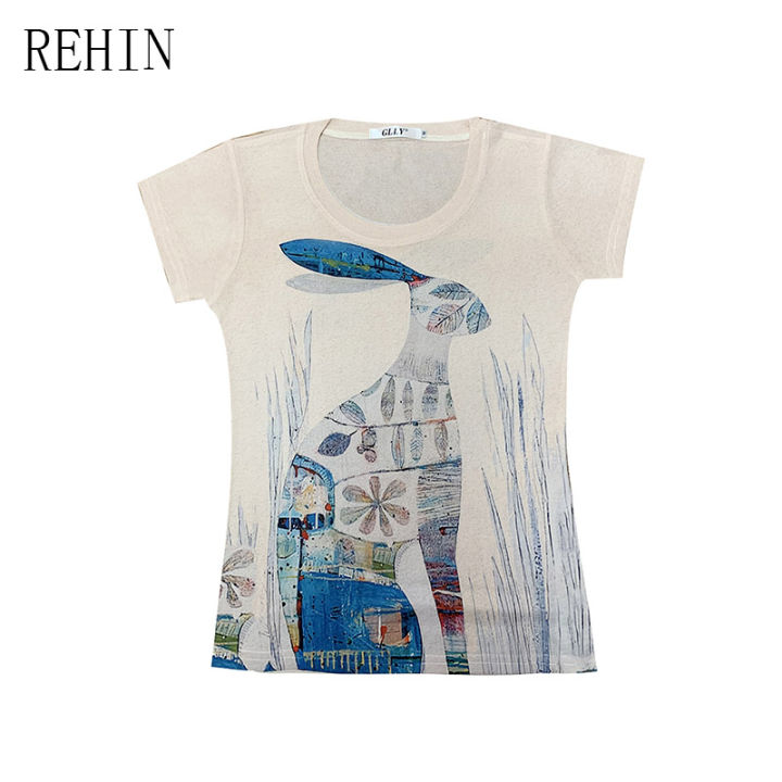 rehin-เสื้อยืดแขนสั้นผ้าฝ้าย-s-3xl-เสื้อเบลาส์ผู้หญิงพิมพ์ลายทรงสลิมฟิตเสื้อฤดูร้อนใหม่