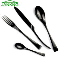 Jankng 4 pcslot black stainless steel dinnerware polishing cutlery set kitchen tableware fork steak teaspoon dinner set