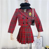 2021 autumn red plaid skirt set women notched Neck double breasted suit jacket + Pleated mini skirt school 2-piece set Korean