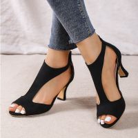 2023 Summer New Brushed Leather Fish Mouth Sandals Womens Back Zipper Sexy Solid Color Comfortable High Heel Single Shoes Women