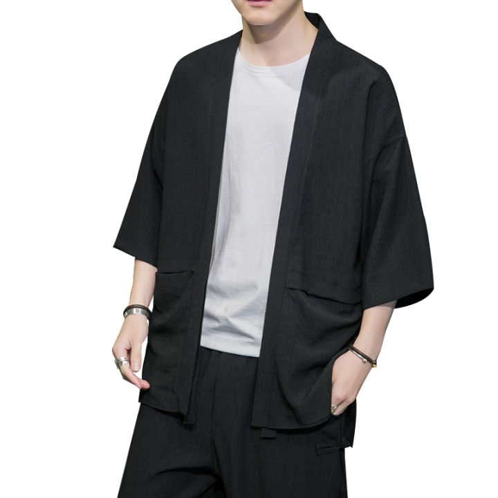 m-5xl-ผ้าลินิน-baju-untuk-lelaki-lengan-pendek-musim-panas-streetwear-เสื้อคาร์ดิแกน-kimono-กระเป๋า-dengan-warna-besar-pakaian-korea-xxxxxl