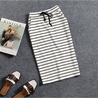Korean Womens Black White Striped One-Step Skirt Spring Summer Woman Casual Pocket Mid-length Slim Bag Hip Skirts Female
