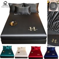 ❖ Satin Silk Fitted Bed Sheet Solid Color Elastic Washable Bedspread Ice Cool Summer Mattress Cover 180x200 for Home Bedroom Decor