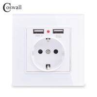 Coswall แผงแก้วคริสตัลสีสันสดใสสีเขียวสีชมพู16A ที่ชาร์จ USB คู่2.1A ท่าเรือรัสเซียสเปนเบ้าติดผนังเต้าเสียบสายไฟสหภาพยุโรป