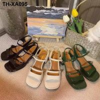 2023 new sheepskin high-heeled shoes women summer thick with a word with shoes shuangkou green fairy wind sandals