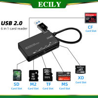 ECILY เครื่องอ่าน USB2.0 6-In-1/Type-C มัลติฟังก์ชัน CF M2 MS XD การ์ดความจำหกช่องเสียบบัตรตัวอ่านกล่องตั้งรหัสผ่านได้ HC การ์ดความจำโทรศัพท์มือถือ