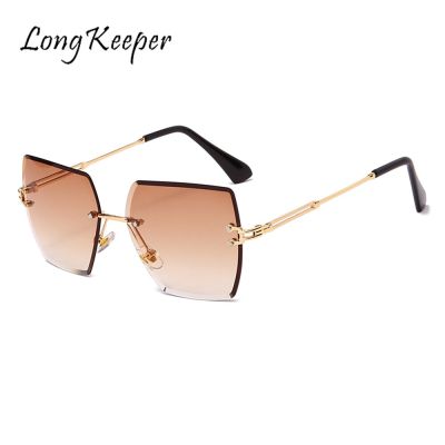 LongKeeper Rimless Square Sunglasses Woman Polygonal Vintage Sun Glasses Fashion Metal Eyewear Cutting Lens Gradient Sunglasses