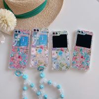 เคสโทรศัพท์แบบสร้อยข้อมือหน้าจอดอกไม้เต็มรูปแบบสำหรับ Samsung Galaxy Z Flip 3 4 5 Z Flip4 Flip5 Flip3 ZFlip3 ZFlip4ฝาครอบด้านหลังกันกระแทก Tpu ใส ZFlip5