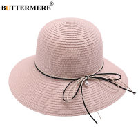 BUTTERMERE Pink Sun Hat Wide Brim Bowknot Straw Summer Hats for Women Sun Protection 2021 New Travel Ladies Dome Vintage Cap