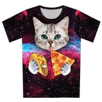 Joyonly Boys Girls Colorful Galaxy Space T-shirts Lovely Animal Cat Eat Pizza Design T shirts 2019 Summer Children Cool Clothes