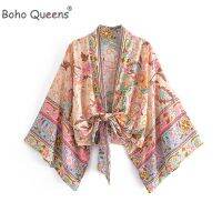 Boho Queens ชุดคลุมชายหาด,กิโมโนสั้นผ้าคาดเอว Sablon Bunga วินเทจแฟชั่นใหม่สำหรับผู้หญิง