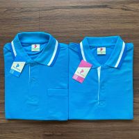 เสื้อโปโลแขนสั้น polo shirt แบบหญิง สีฟ้าคลีปขาวฟ้าเข้ม เนื้อผ้านุ่ม สวมใส่สบาย มีบริการส่งเก็บเงินปลายทาง