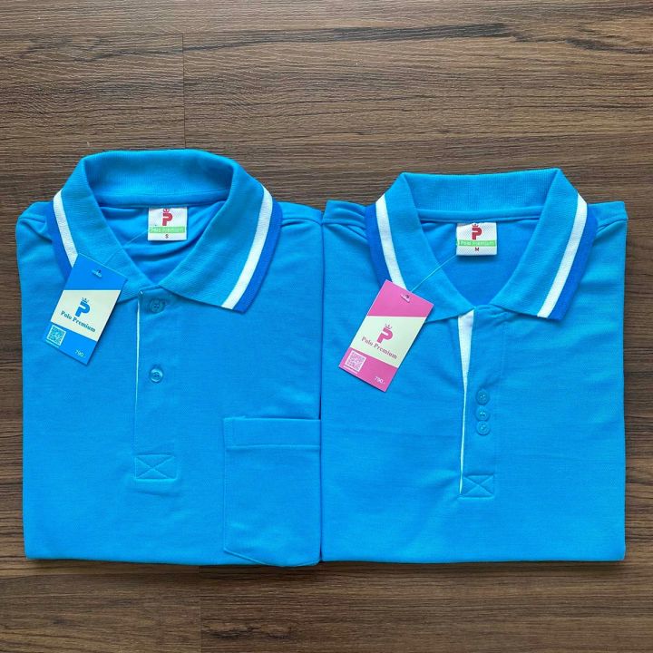 เสื้อโปโลแขนสั้น-polo-shirt-แบบหญิง-สีฟ้าคลีปขาวฟ้าเข้ม-เนื้อผ้านุ่ม-สวมใส่สบาย-มีบริการส่งเก็บเงินปลายทาง