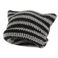 【YD】 Ears Hats Soft Slouchy Striped Knitted Hat Warm Crochet Braided Gentleman