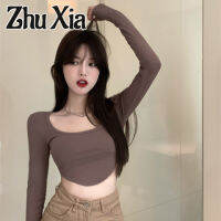 Zhu Xia เสื้อเชิ้ตคอตัวยูแขนยาวแบบไม่สม่ำเสมอ