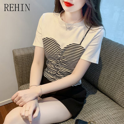 REHIN เสื้อยืดแขนสั้นผู้หญิง,ฉบับภาษาเกาหลีคอกลมหรูหราแฟชั่นใหม่ฤดูร้อนเสื้อเย็บอเนกประสงค์ชิค