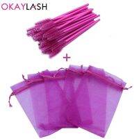 OKAYLASH สั่งซื้อจำนวนมากผ้าไหม organza ถุงบรรจุภัณฑ์ขนตาที่สวยงามพร้อมแปรงปัดขนตาปลอมฟรีสำหรับชุดขายส่ง