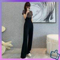 COD กางเกงทํางานผู้หญิง Suspenders Summer Womens Wide Leg Pants 2022 New Drape เอวสูง บาง กางเกงตรงพร้อมเสื้อยืด ชุดแฟชั่น