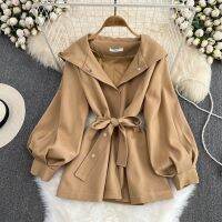 Hooded Trench Coat ผู้หญิง2022ฤดูใบไม้ร่วงและฤดูหนาวใหม่สไตล์สั้นขนาดเล็ก Casual Design เอวเสื้อผู้หญิง Clothing