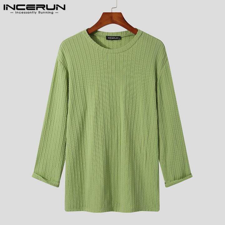 incerun-เสื้อยืดแฟชั่นผู้ชายคอกลมแขนยาวสีพื้น-3สี