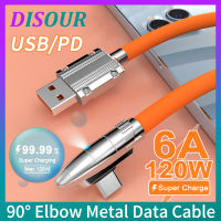 DISOUR ข้อศอก ° 90นิ้วสายชาร์จเร็วสุดๆ6A 120W โลหะเหลวสายยูเอสบีแบบซิลิโคนกับ Typec/ iPhone PD TypeC เป็น Type-C/iphone สายชาร์จสายข้อมูลสามารถใส่ได้กับ iPhone แอนดรอยด์