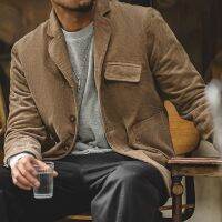 ผู้ชาย Retro Retro Casual Corduroy Blazer Slim Fit V คอผ้าฝ้ายชุดเดียวกระเป๋าด้านหลังกำมะหยี่ Coat