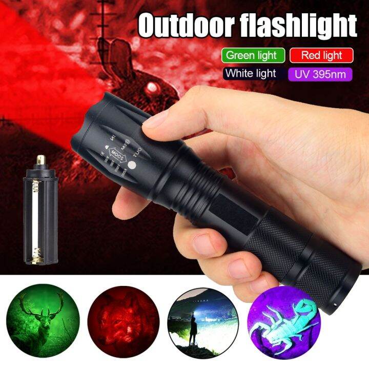 ultra-bright-a100-zoomable-uv-flashlight-tactical-green-red-white-uv-395nm-waterproof-torch-aaa-18650-powered-lantern-hand-lamp-rechargeable-flashligh