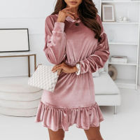 Women Elegant Ruffle Hooded Pullover Dress  Autumn Solid Elastic Waist Velvet Party Dress Winter Long Sleeve Soft Mini Dress