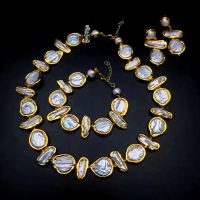 Y·YING Luxury Freshwater Cultured White Biwa Pearl Coin Pearl Gold plated Necklace Bracelet Earrings Sets