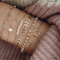 pime MALL 6ชิ้น/เซ็ต Boho Bracelet ชุดสตรีพู่ใบไม้สร้อยข้อมือวงกลม