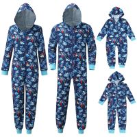 （ใหม่）คริสต์มาสผู้ชายไดโนเสาร์พิมพ์ Hoodie Zip Up Romper JumpsuitPajamas ชุดนอนชุดจับคู่ Pijamas Navidad Para Familia