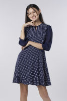 EP เดรสลายจุดแต่งระบาย ผู้หญิง สีกรมท่า | Polka Dot Print Dress with Ruffle Detail | 0788