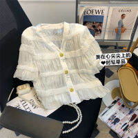 COCONI เสื้อคอวีผู้หญิง,เสื้อผู้หญิงกางเกงขาสั้นมีจีบฝรั่งเศสโปร่งใสเล็กน้อยเสื้อชีฟอง